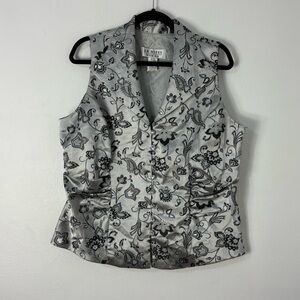 Silver Metallic Black Floral Vest Formal Evening Wear Glam Party Top Holiday 16W